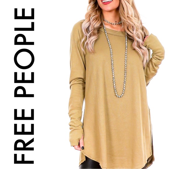 Free People Tops - FREE PEOPLE NWT GREEN TAN SCOOP NECK LONG SLEEVE TEXTURED KNIT TOP THUMB HOLE S